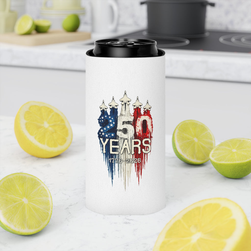 50 Years 1776–2026 Patriotic Can Cooler — American Flag Jet Anniversary