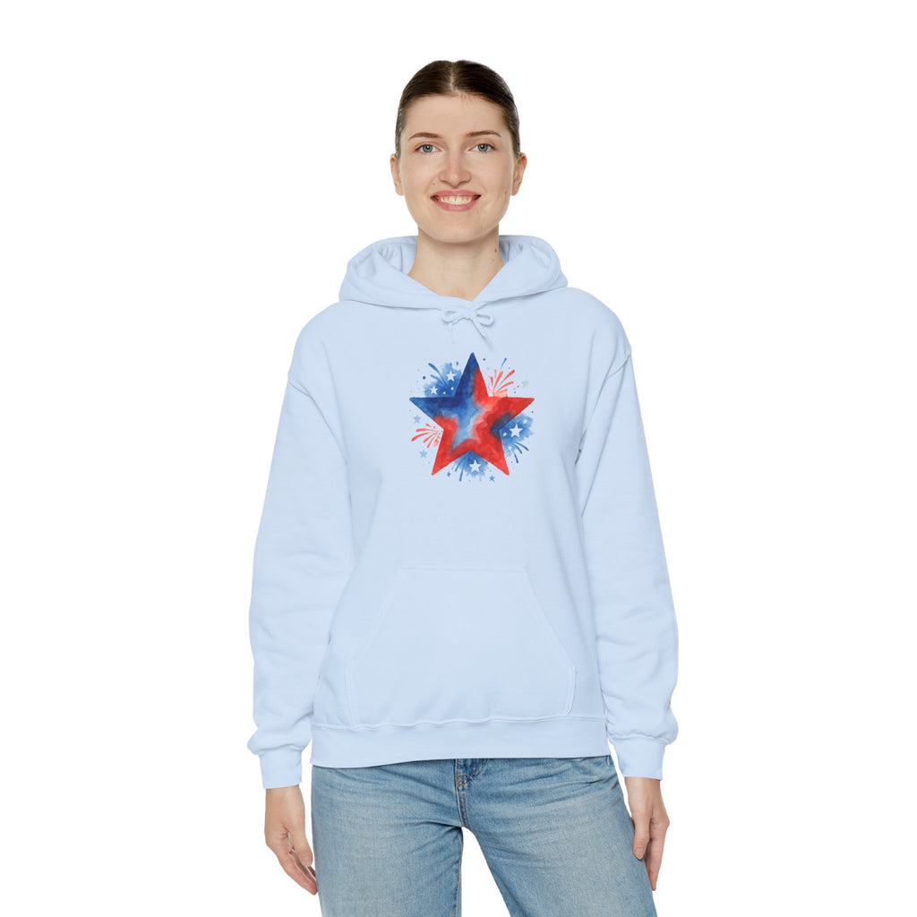 Patriotic Red & Blue Star Hoodie — 4th of July Firework Sweatshirt