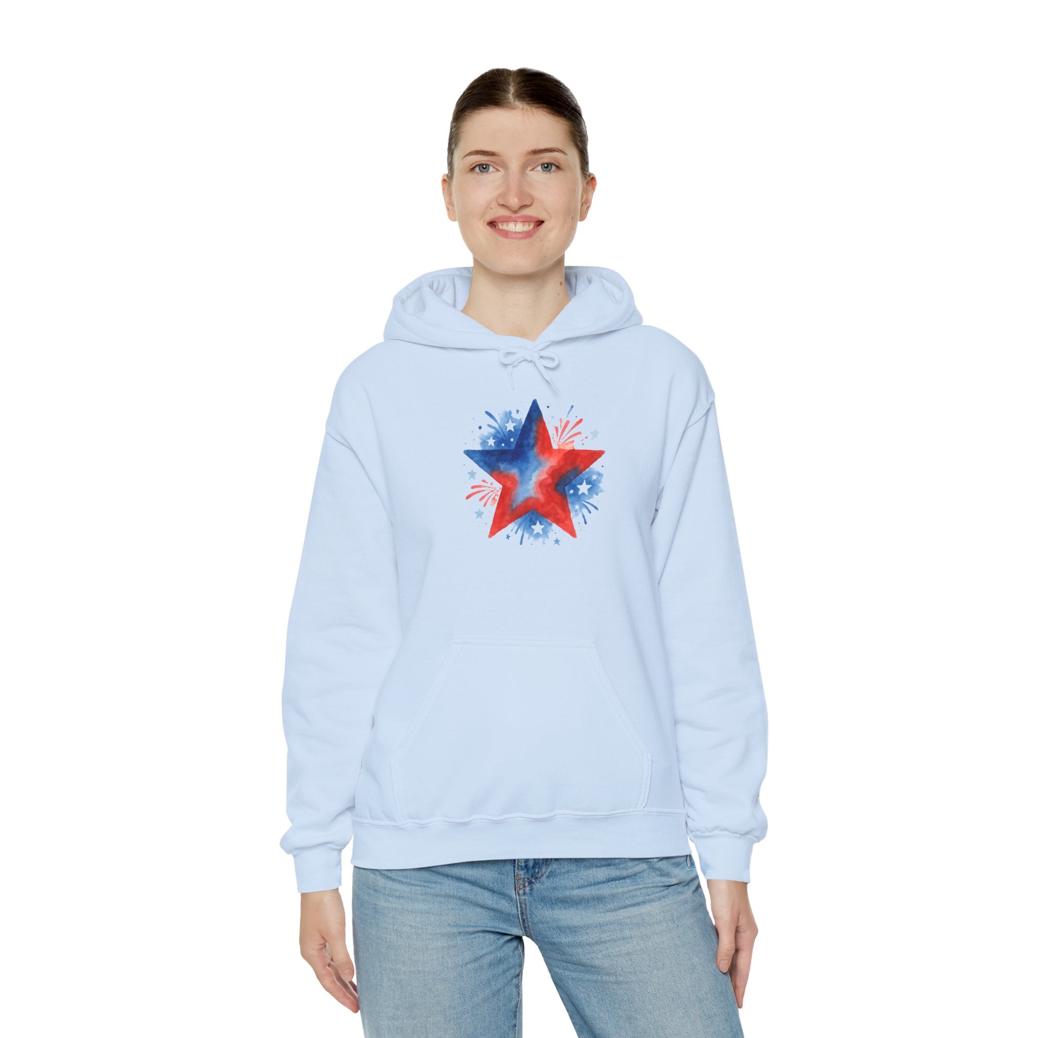 Patriotic Red & Blue Star Hoodie — 4th of July Firework Sweatshirt