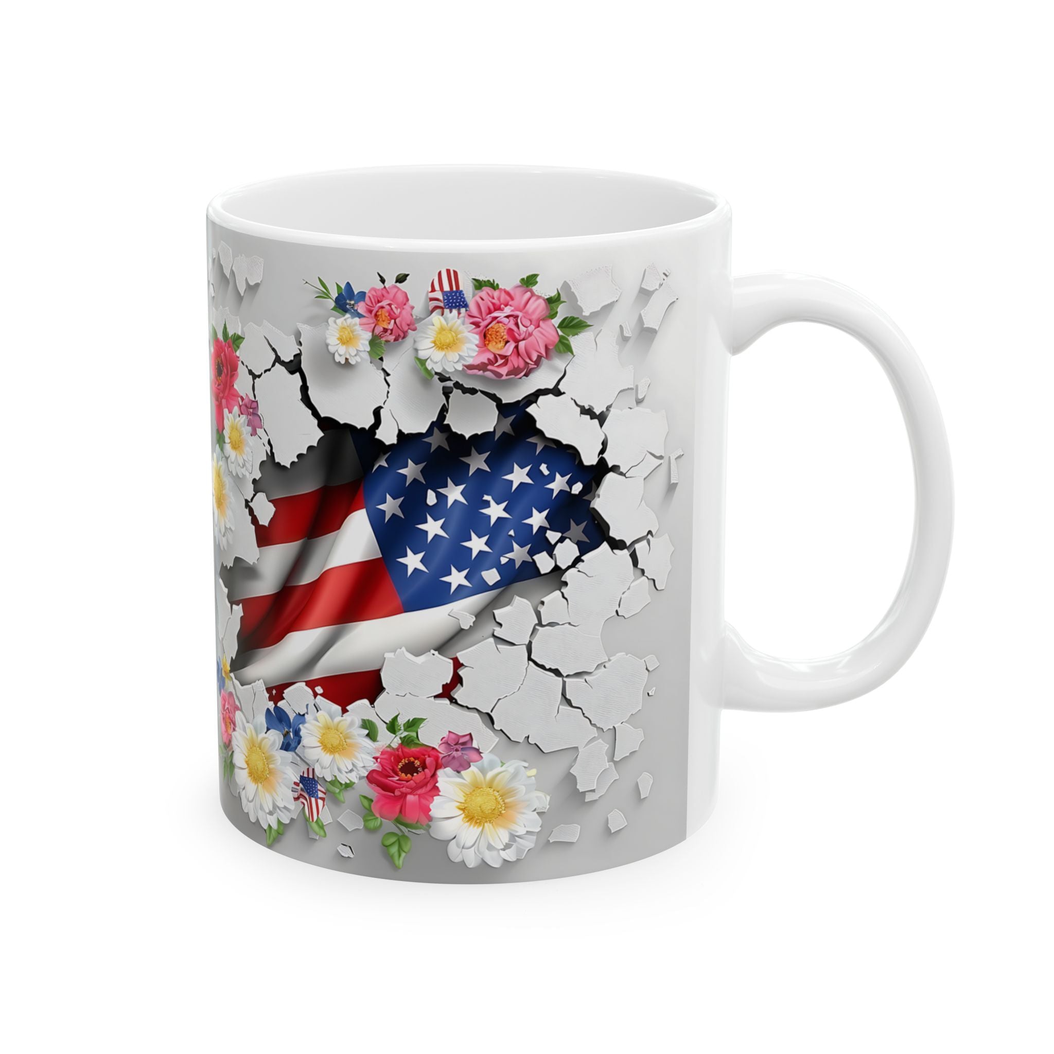 Floral American Flag Ceramic Mug - Patriotic Design