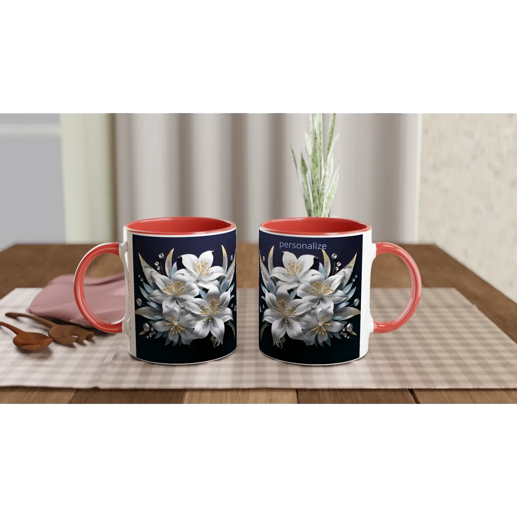 Glossy 11oz ceramic mug with floral design and colored rim