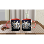 Glossy 11oz ceramic mug with floral design and colored rim