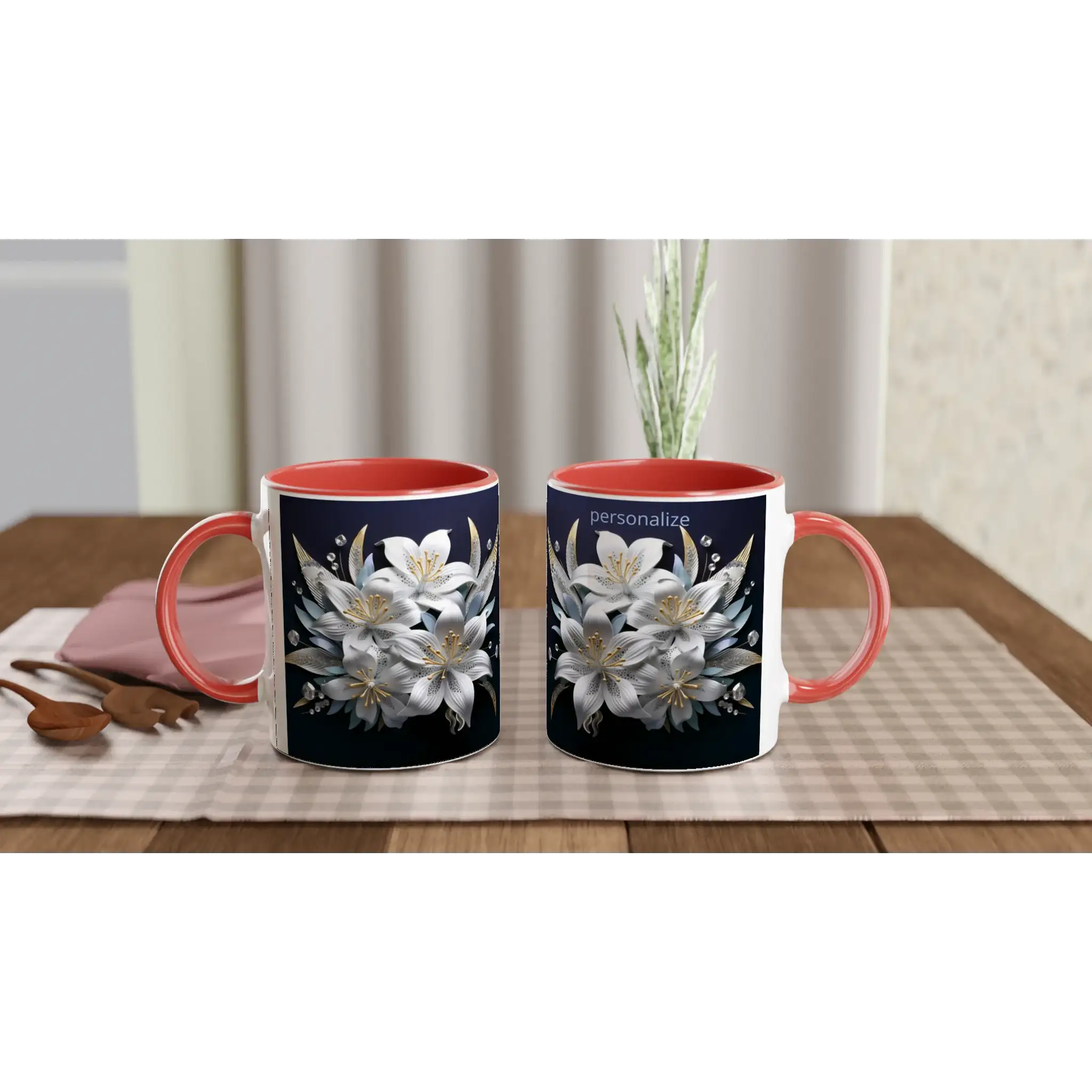 Glossy 11oz ceramic mug with floral design and colored rim