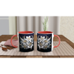 Glossy 11oz ceramic mug with floral design and colored rim