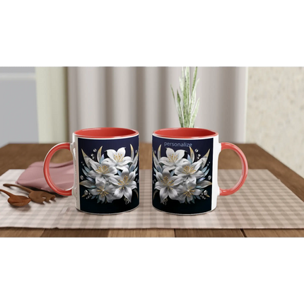 Glossy 11oz ceramic mug with floral design and colored rim