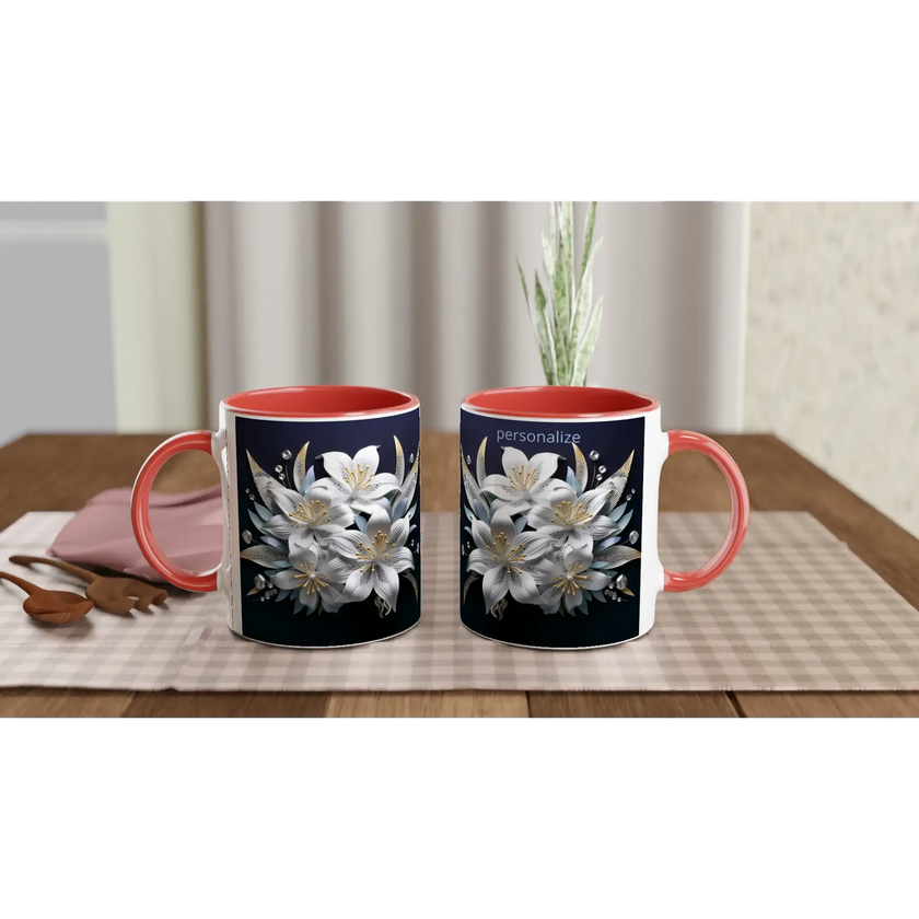 Glossy 11oz ceramic mug with floral design and colored rim