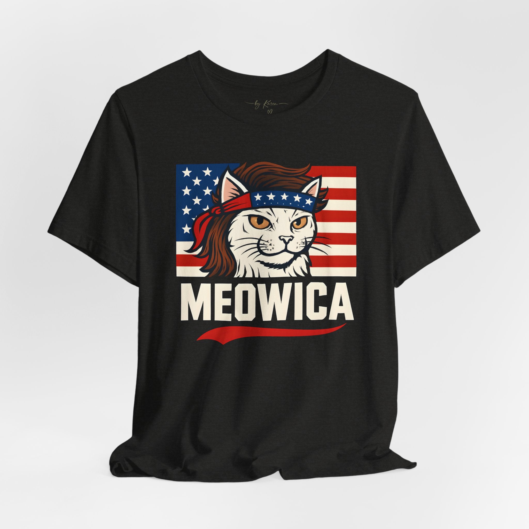 T-Shirt — "Meowica" Patriotic Cat Tee (American Flag, Funny 4th of July Shirt)