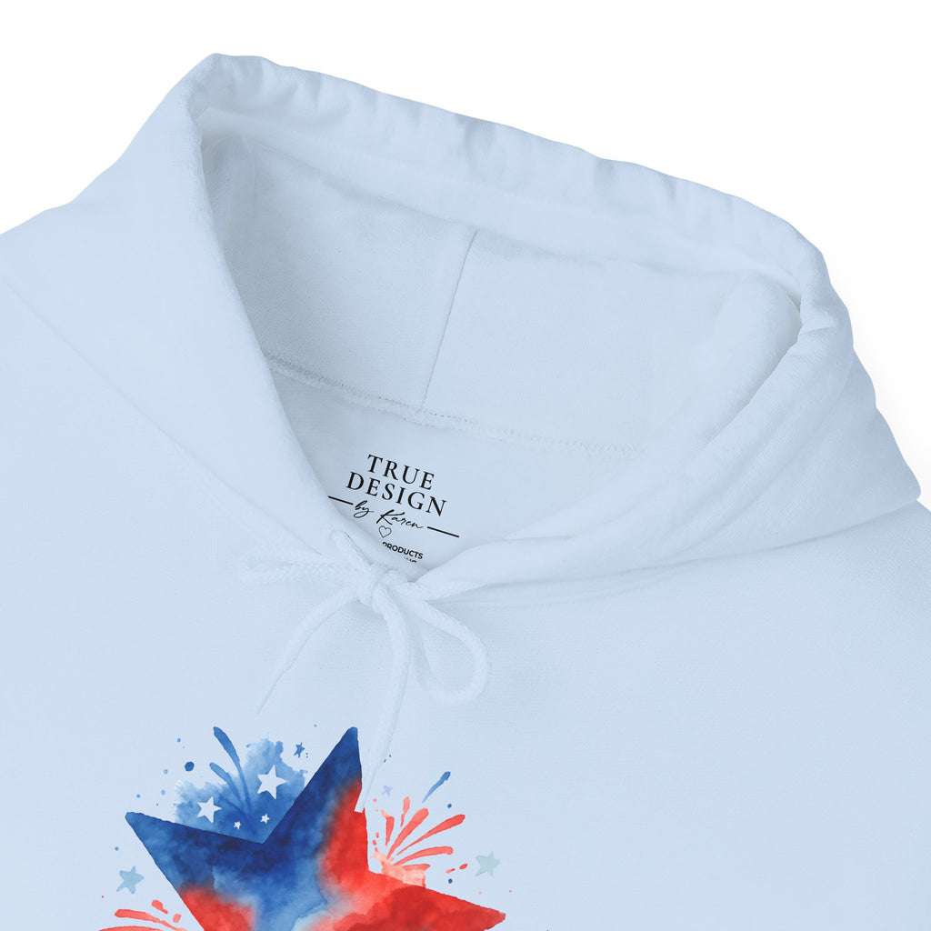 Patriotic Red & Blue Star Hoodie — 4th of July Firework Sweatshirt
