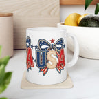 USA Patriotic Ceramic Mug with Bold Red White Blue Design