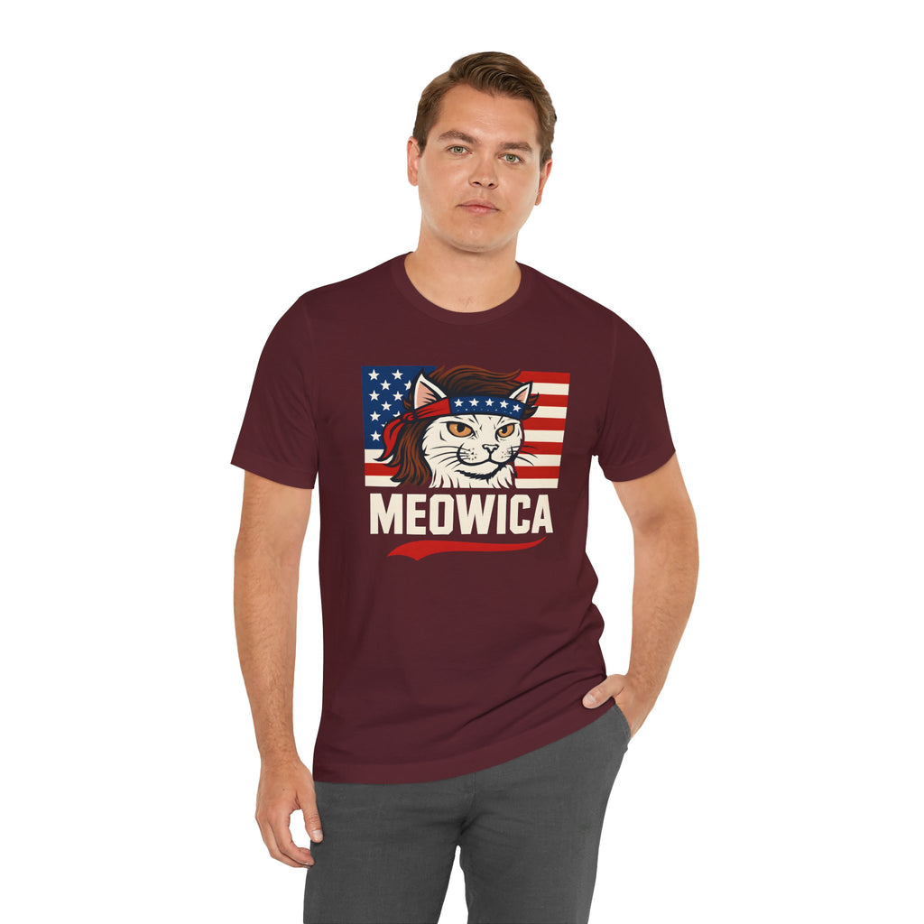 T-Shirt — "Meowica" Patriotic Cat Tee (American Flag, Funny 4th of July Shirt)