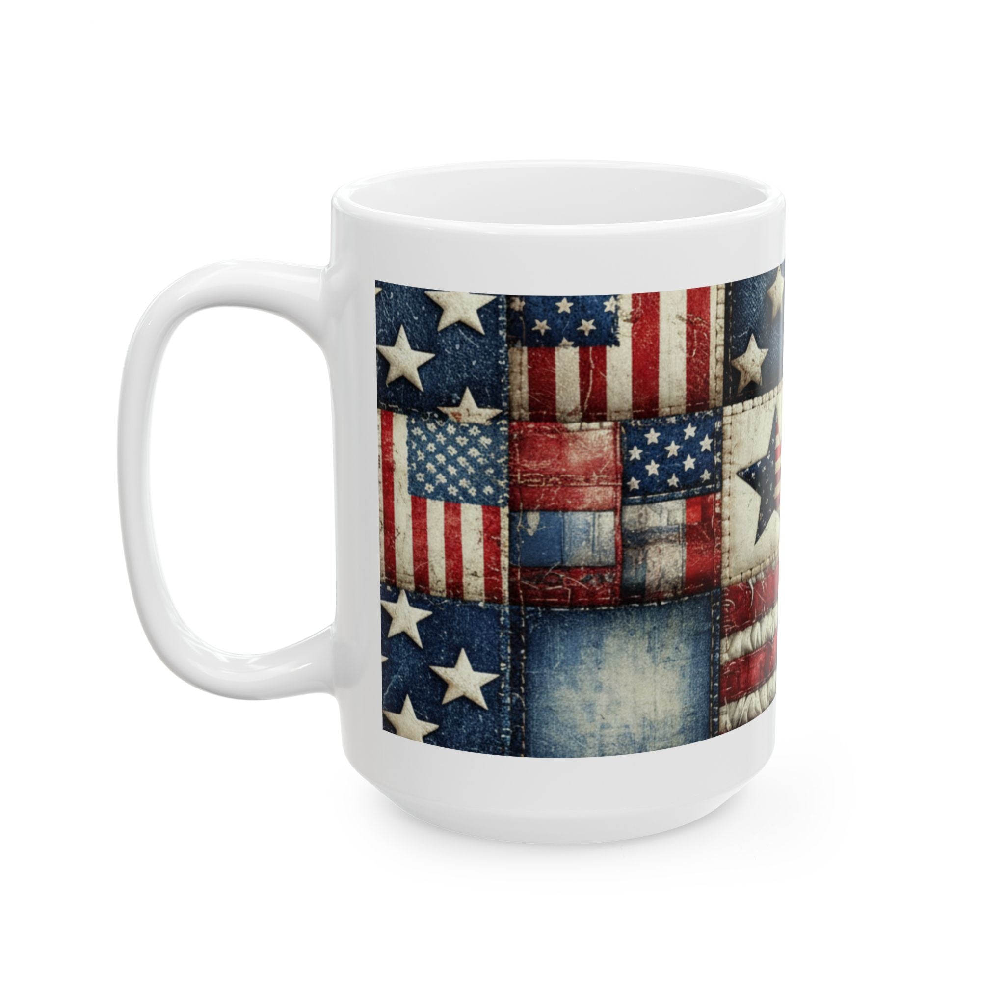 Patriotic Patchwork Ceramic Mug with American Flag Design