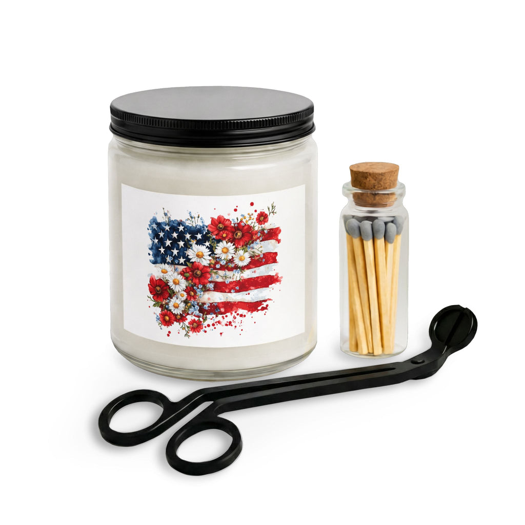 Patriotic Floral Candle Set — American Flag Jar Candle with Matches & Wick Trimmer