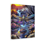 Dragonfly Fantasy Stretched Canvas Wall Art — Colorful Waterfall Nature Scene