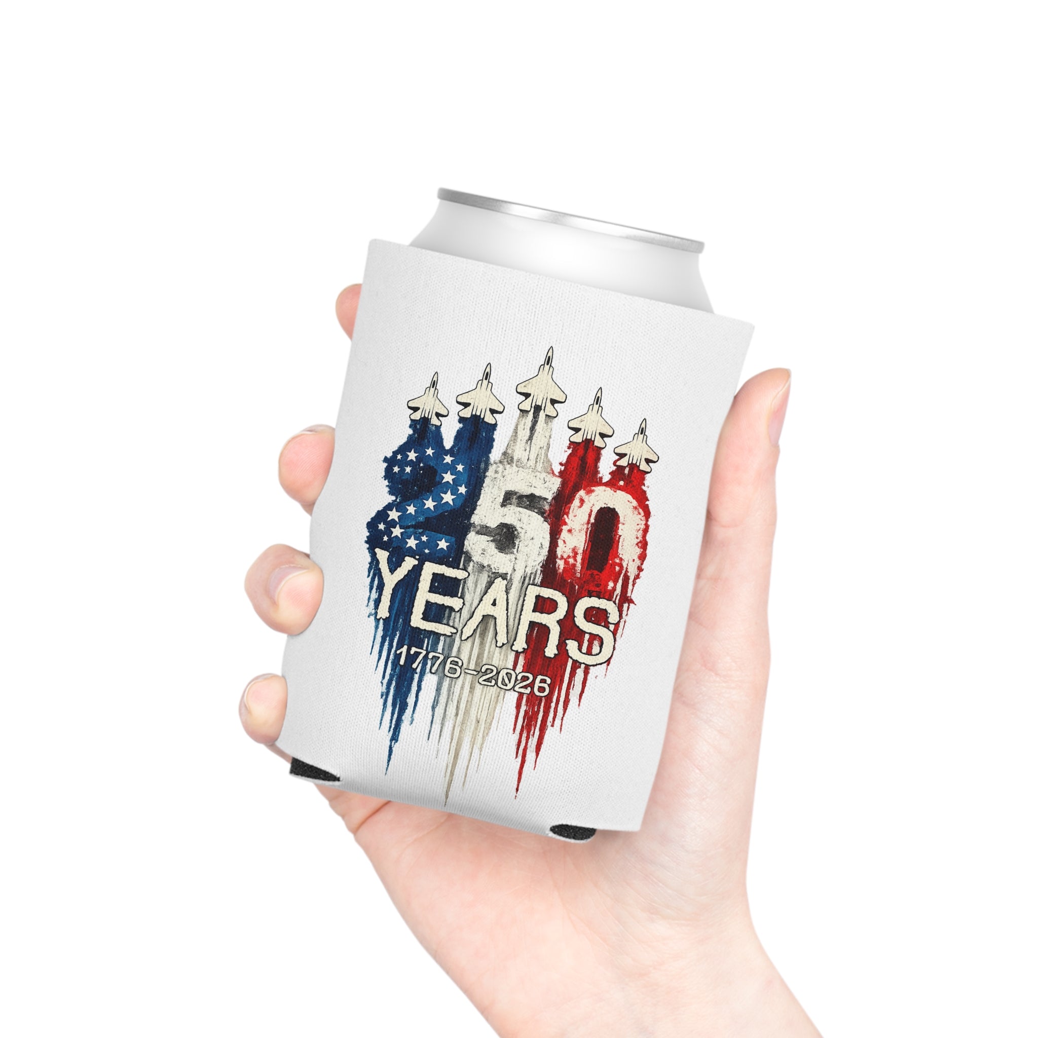 50 Years 1776–2026 Patriotic Can Cooler — American Flag Jet Anniversary