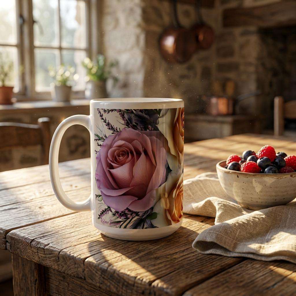 Her Name Is Heather Gift Card on a rustic kitchen table with floral mug