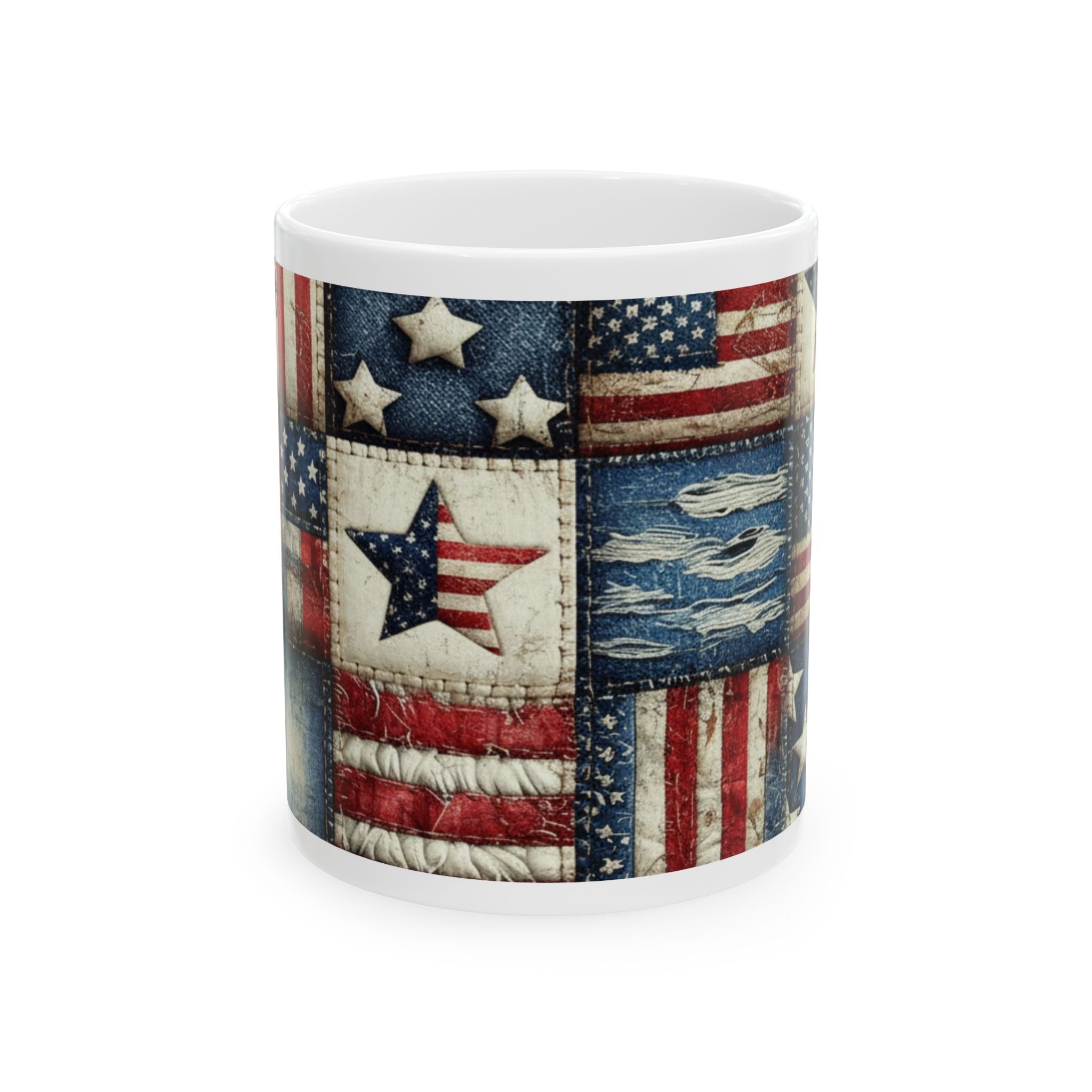 Patriotic Patchwork Ceramic Mug with American Flag Design
