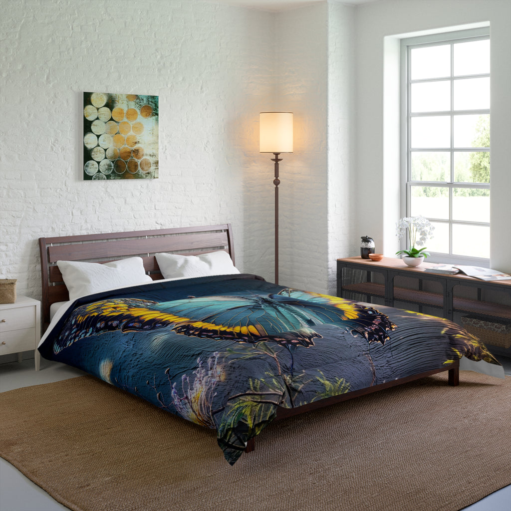 Blue Butterfly Comforter - Floral Nature Bedding, Dreamy Garden Bedroom Décor