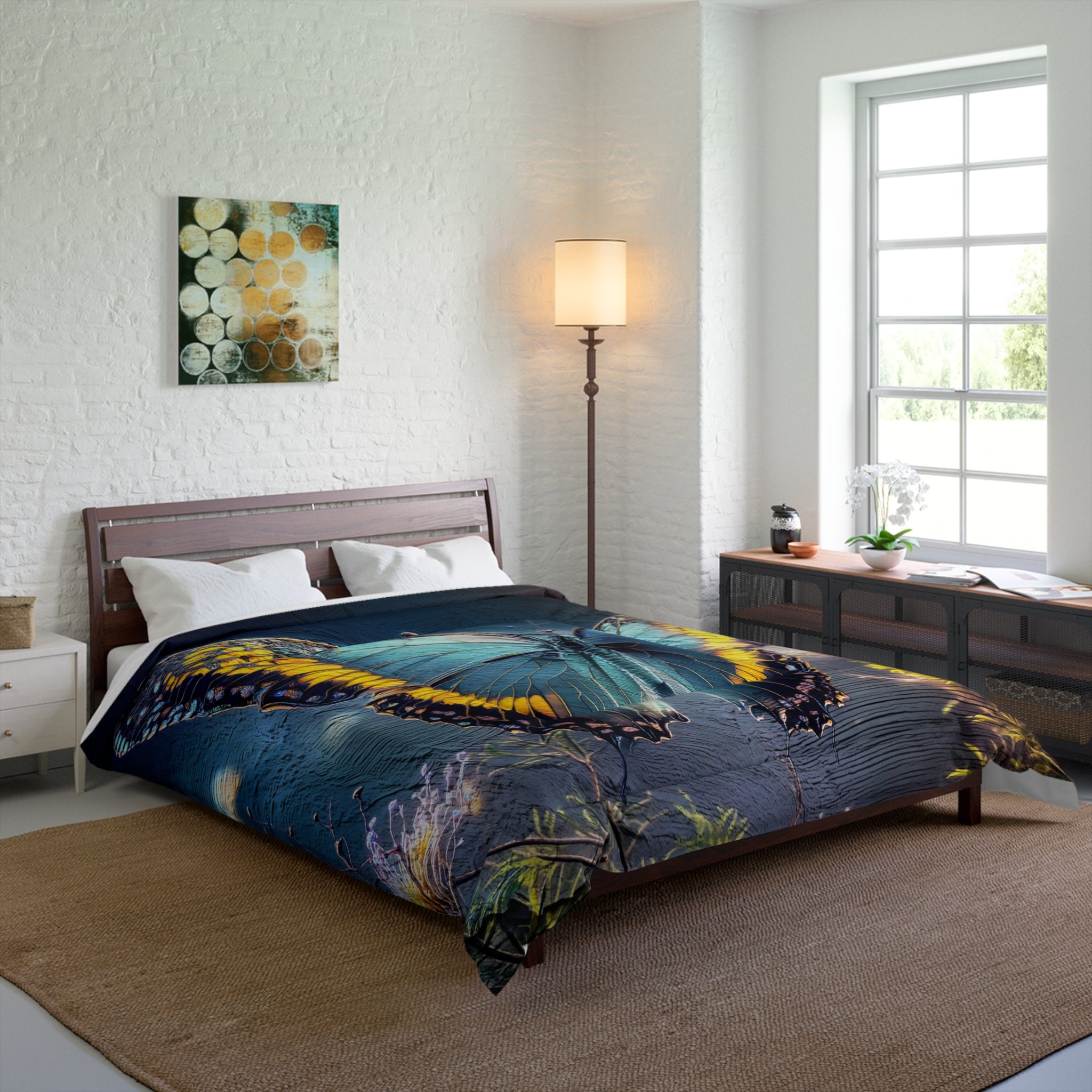 Blue Butterfly Comforter - Floral Nature Bedding, Dreamy Garden Bedroom Décor