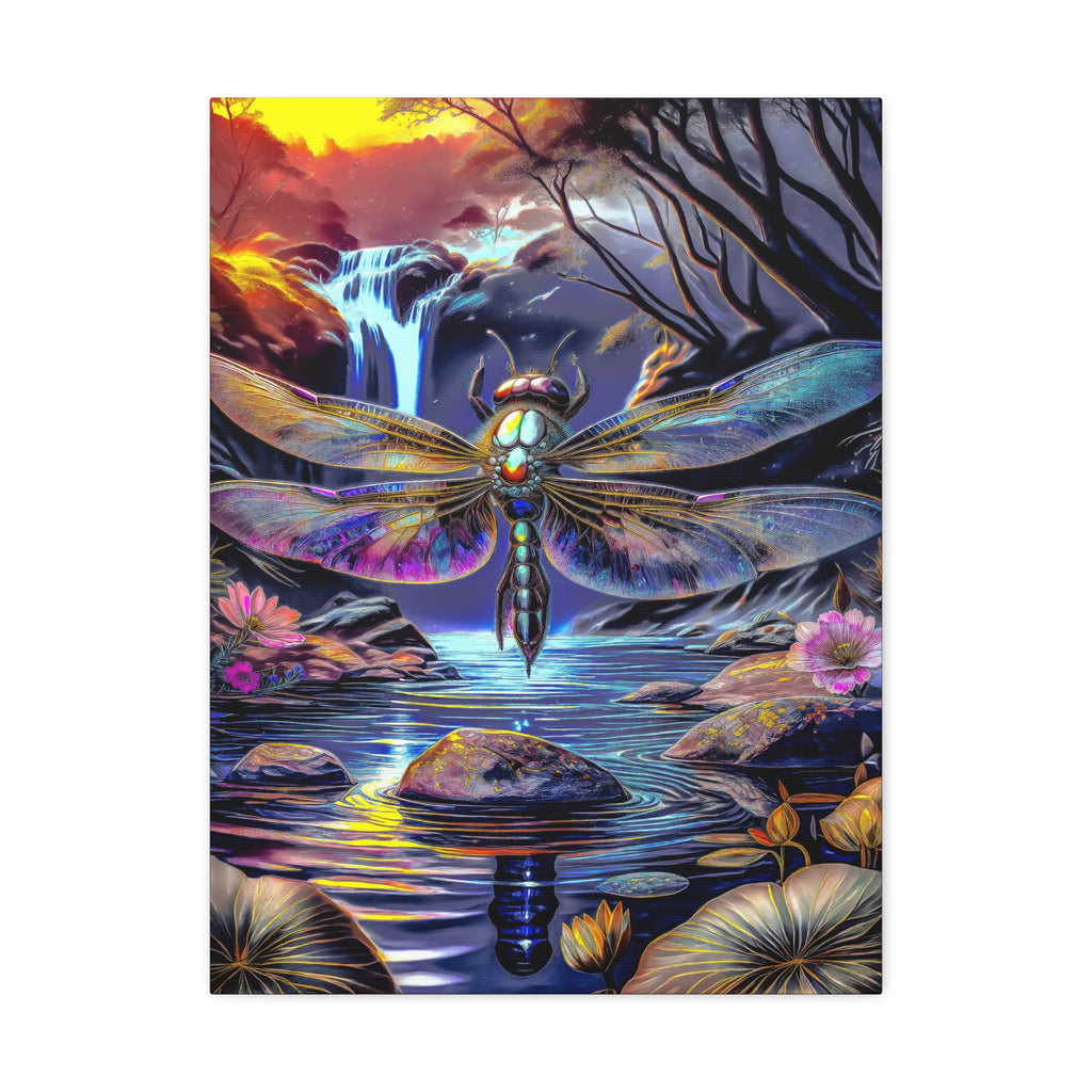 Dragonfly Fantasy Stretched Canvas Wall Art — Colorful Waterfall Nature Scene