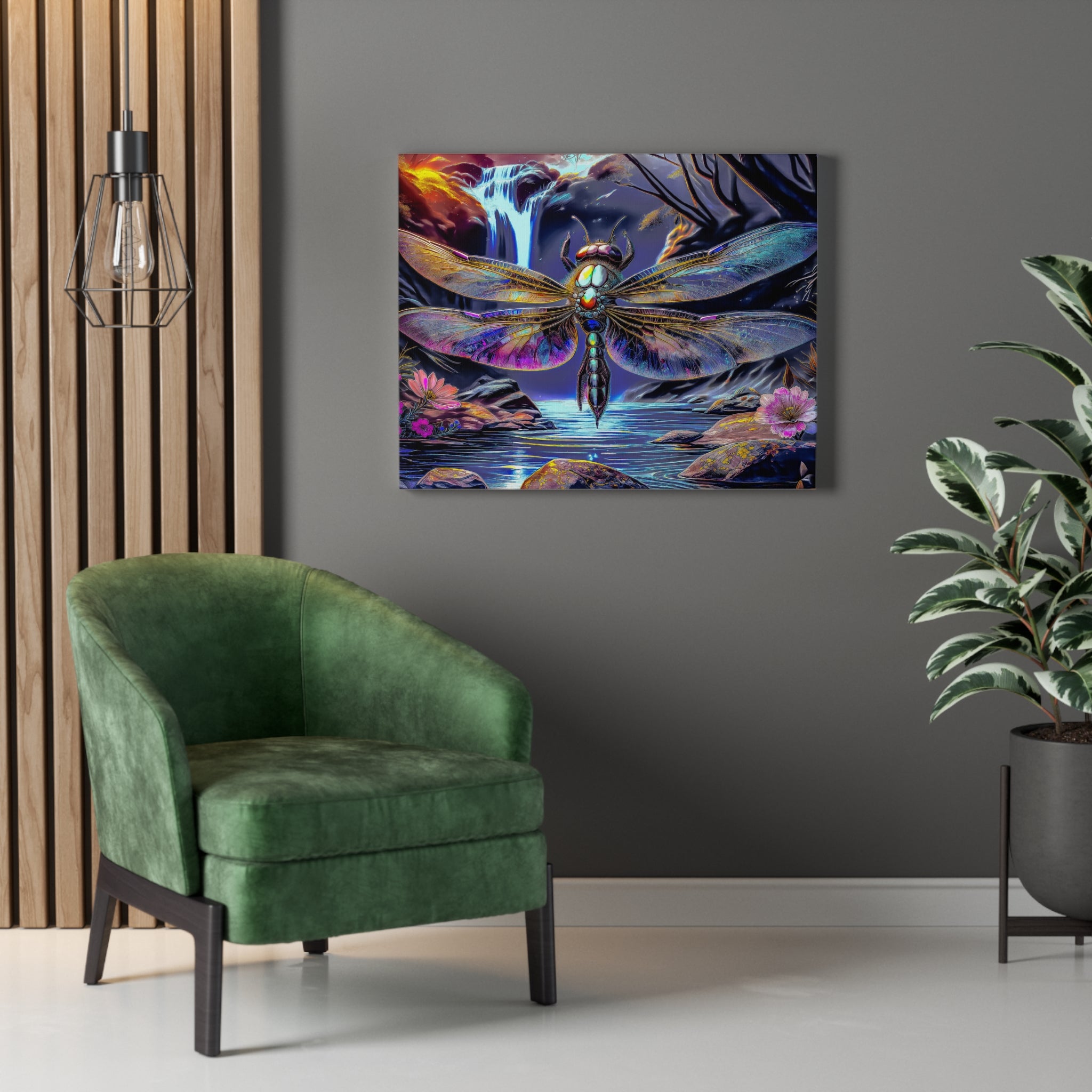 Dragonfly Fantasy Stretched Canvas Wall Art — Colorful Waterfall Nature Scene