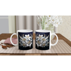 Glossy 11oz ceramic mug with floral design and colored rim