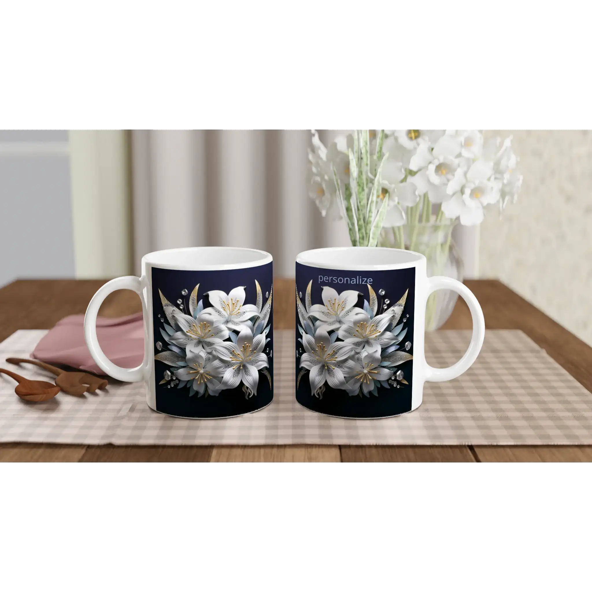 Glossy 11oz ceramic mug with floral design and colored rim