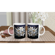 Glossy 11oz ceramic mug with floral design and colored rim