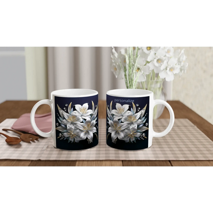 Glossy 11oz ceramic mug with floral design and colored rim