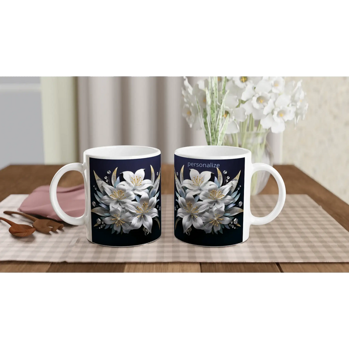 Glossy 11oz ceramic mug with floral design and colored rim
