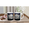 Glossy 11oz ceramic mug with floral design and colored rim