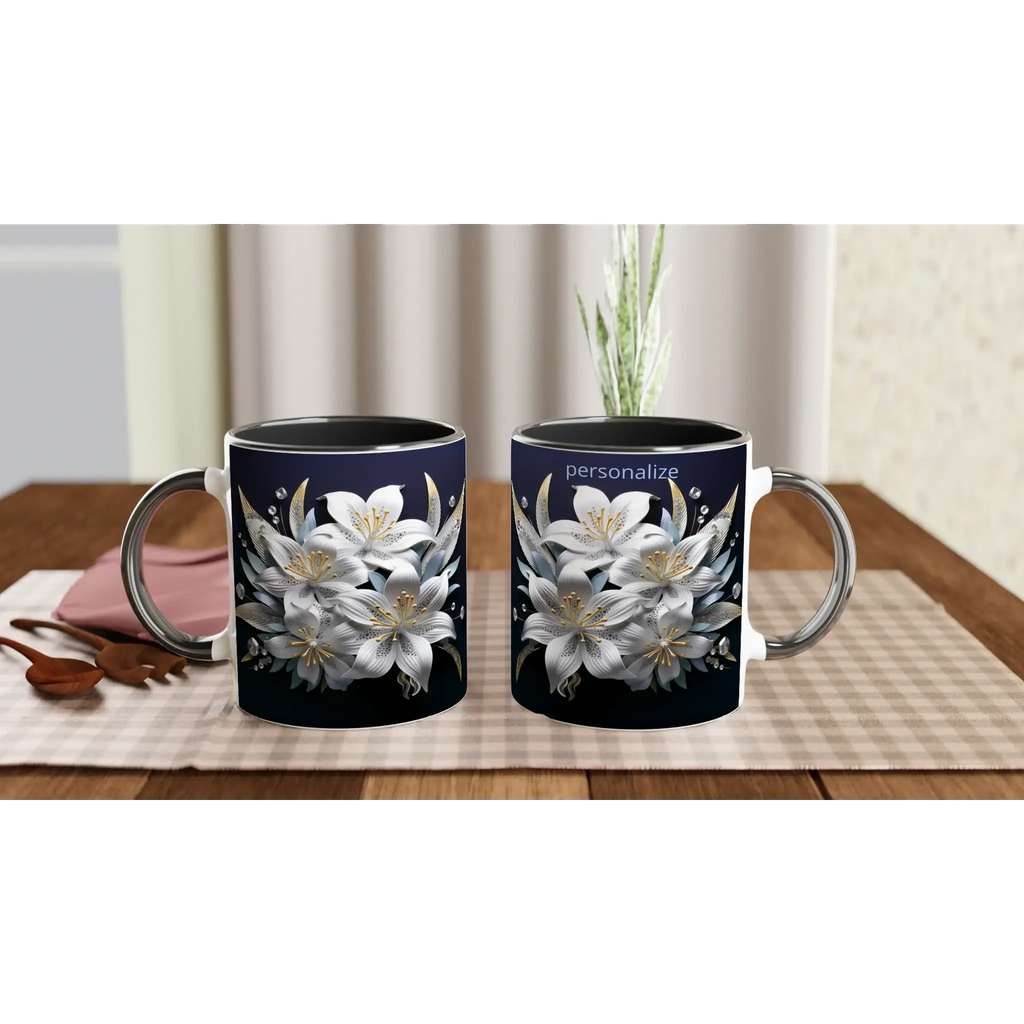 Ceramic mug with floral pattern and yellow interior