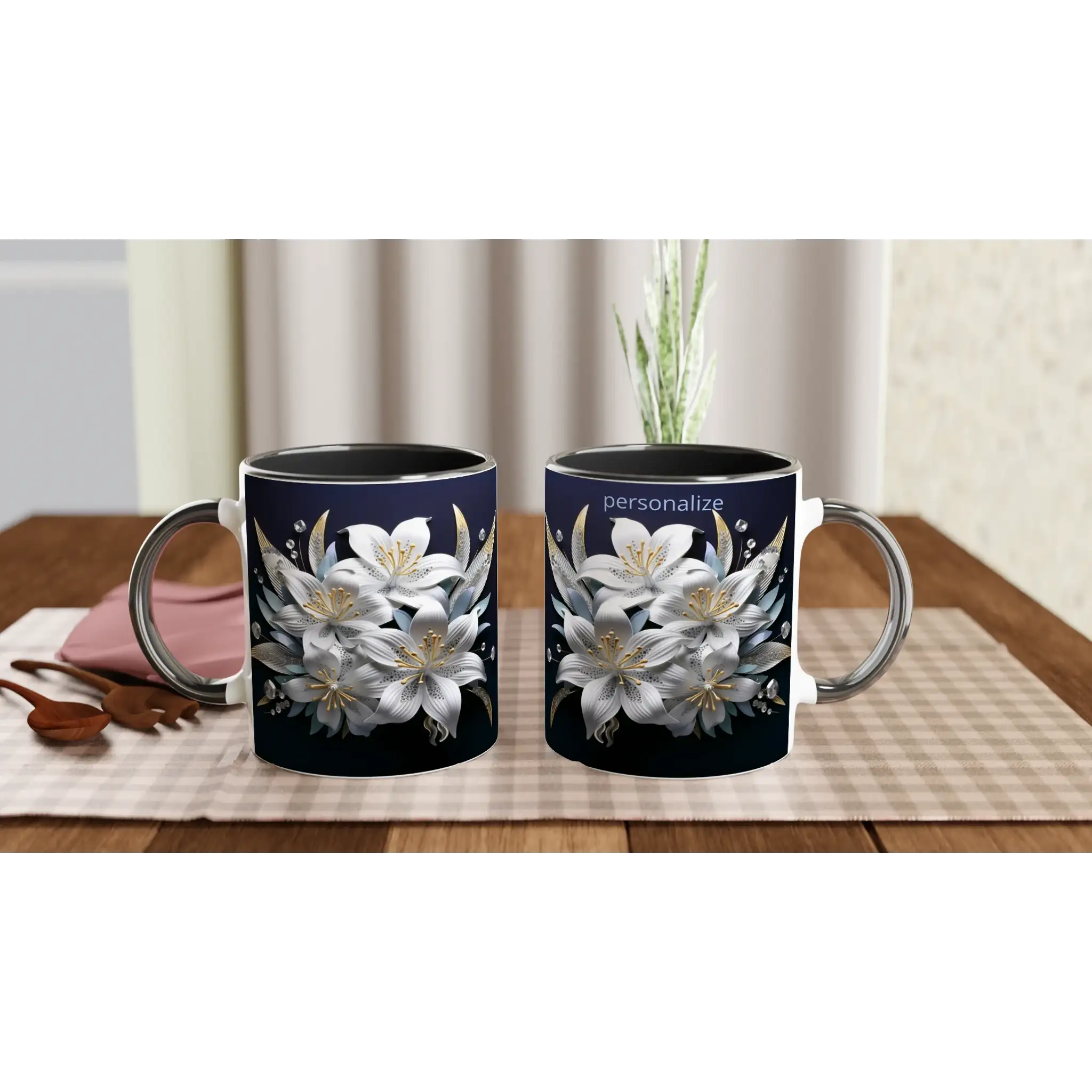 Ceramic mug with floral pattern and yellow interior