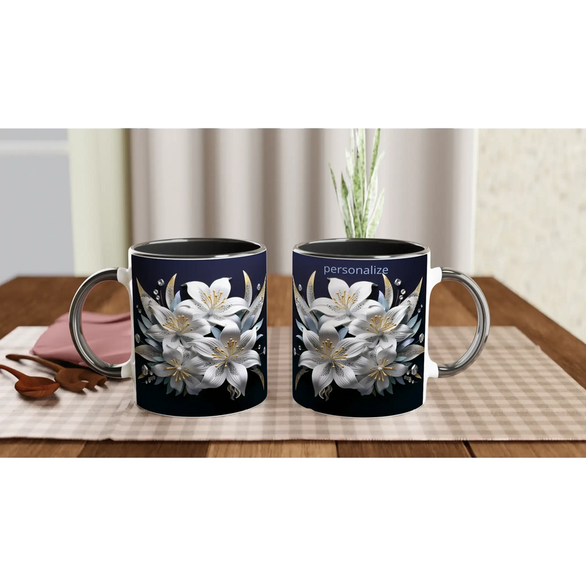 Ceramic mug with floral pattern and yellow interior