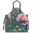 Floral apron with pink roses and green foliage, vibrant botanical design for kitchen use