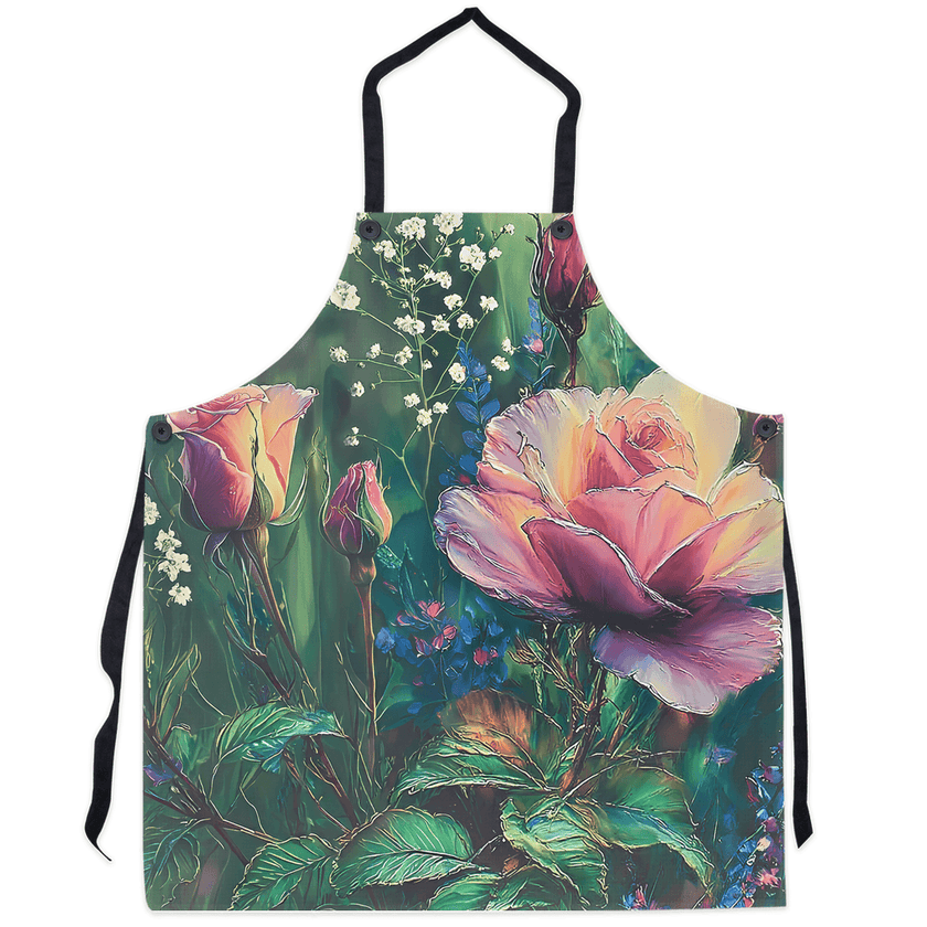 Floral apron with pink roses and green foliage, vibrant botanical design for kitchen use