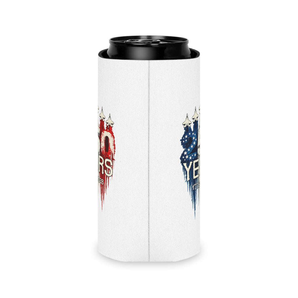 50 Years 1776–2026 Patriotic Can Cooler — American Flag Jet Anniversary