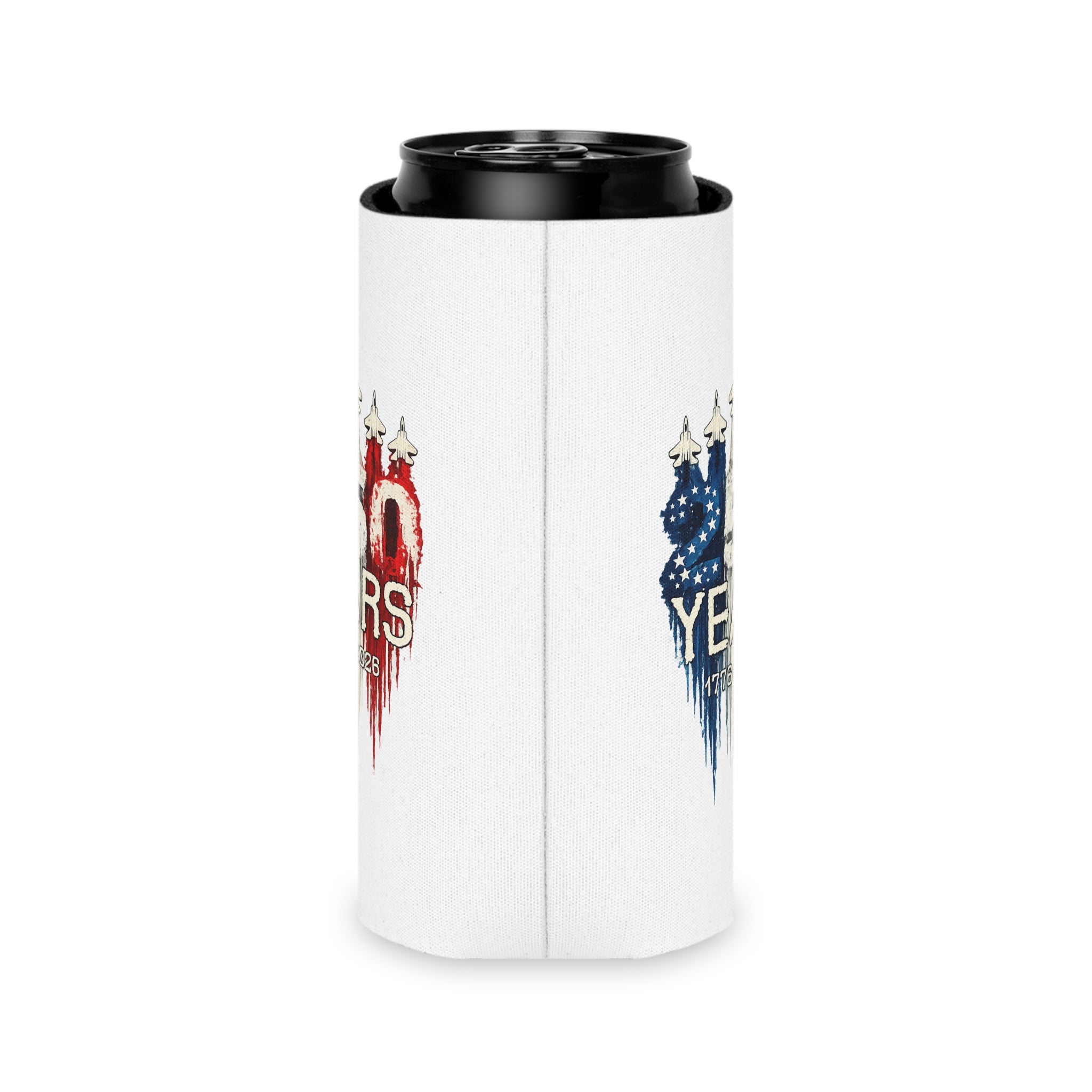 50 Years 1776–2026 Patriotic Can Cooler — American Flag Jet Anniversary