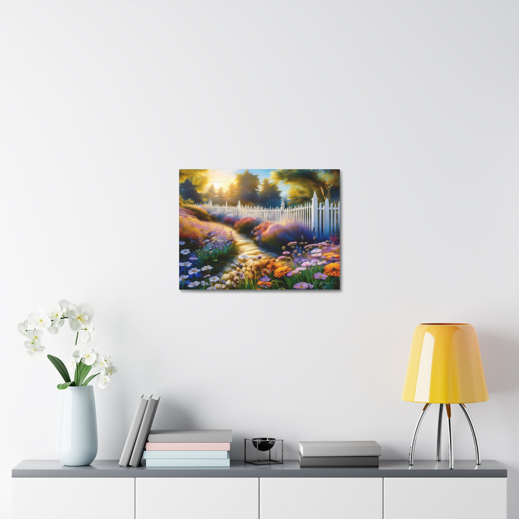 Sunlit Garden Path Stretched Canvas – Colorful Floral Landscape Wall Art