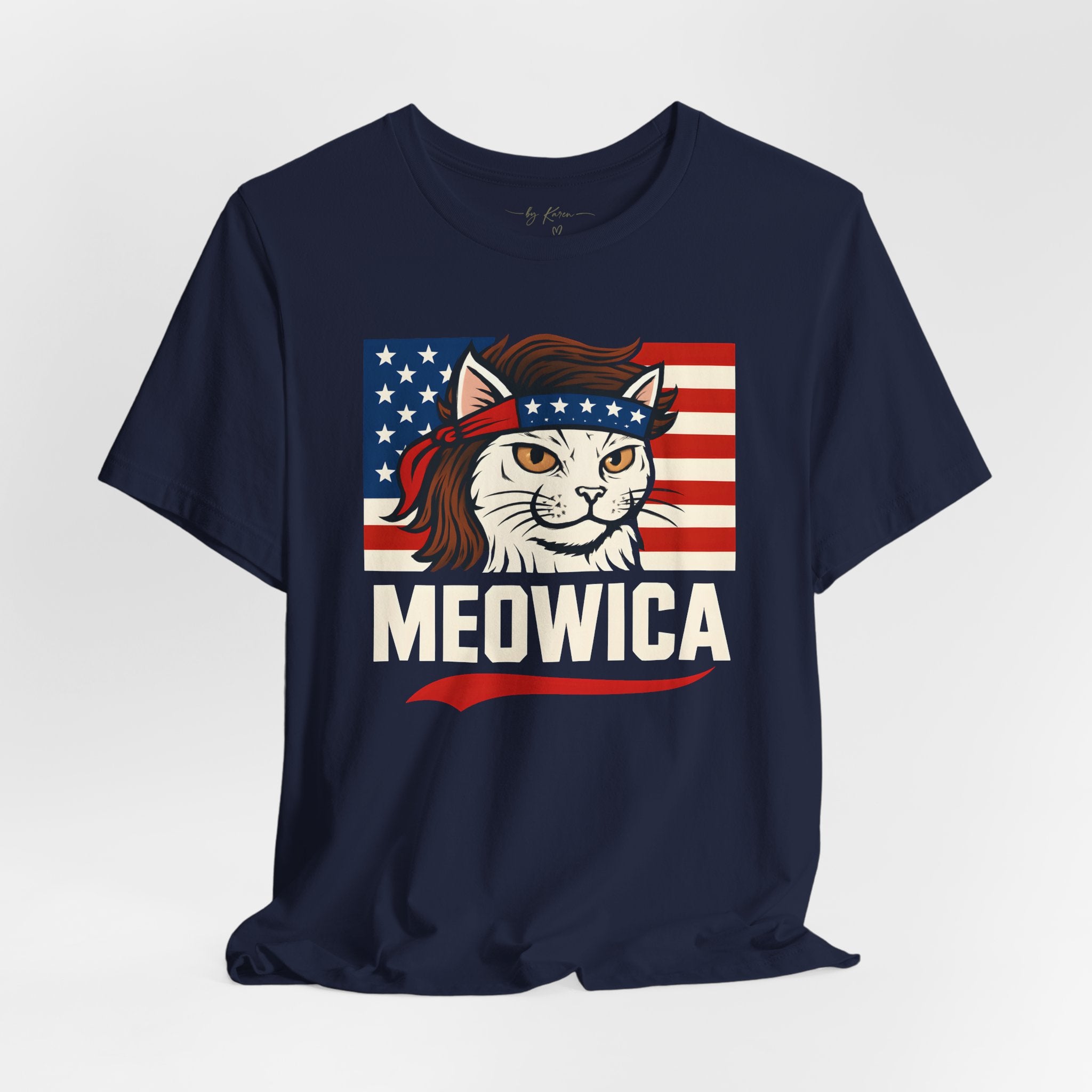 T-Shirt — "Meowica" Patriotic Cat Tee (American Flag, Funny 4th of July Shirt)