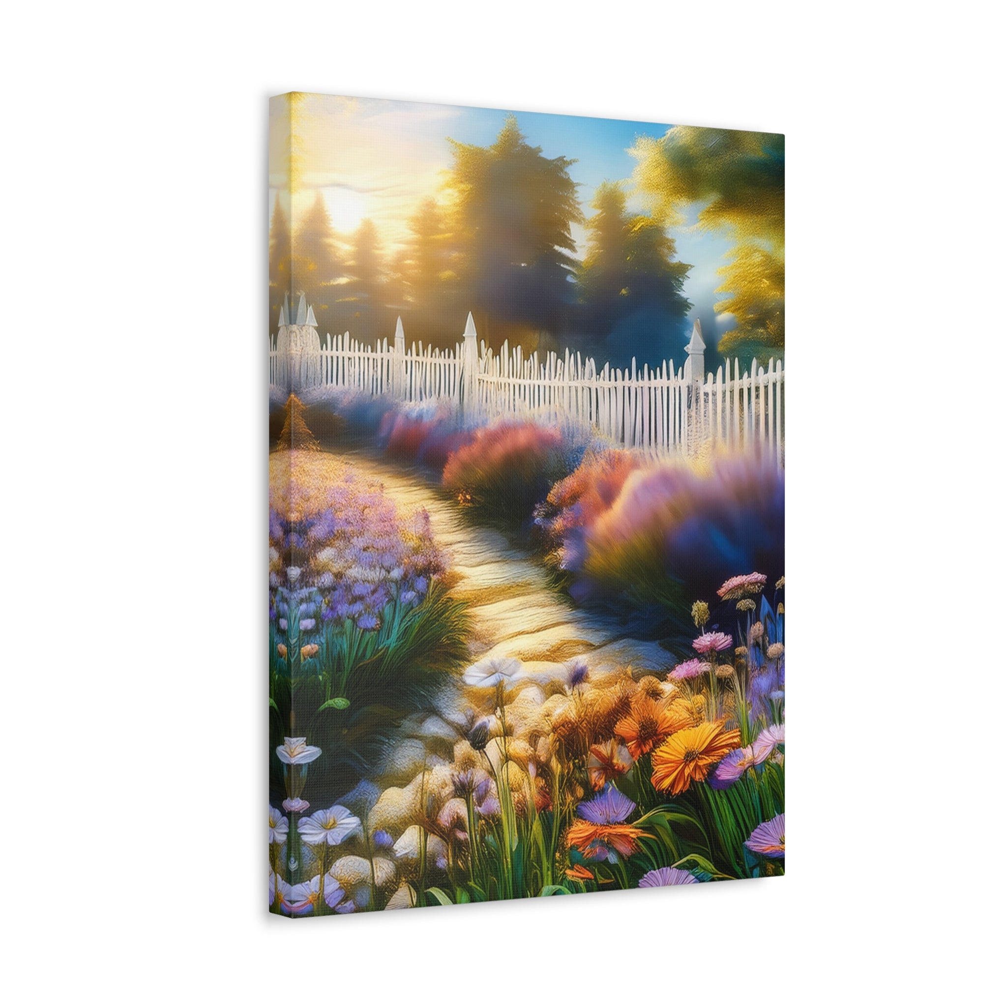 Sunlit Garden Path Stretched Canvas – Colorful Floral Landscape Wall Art