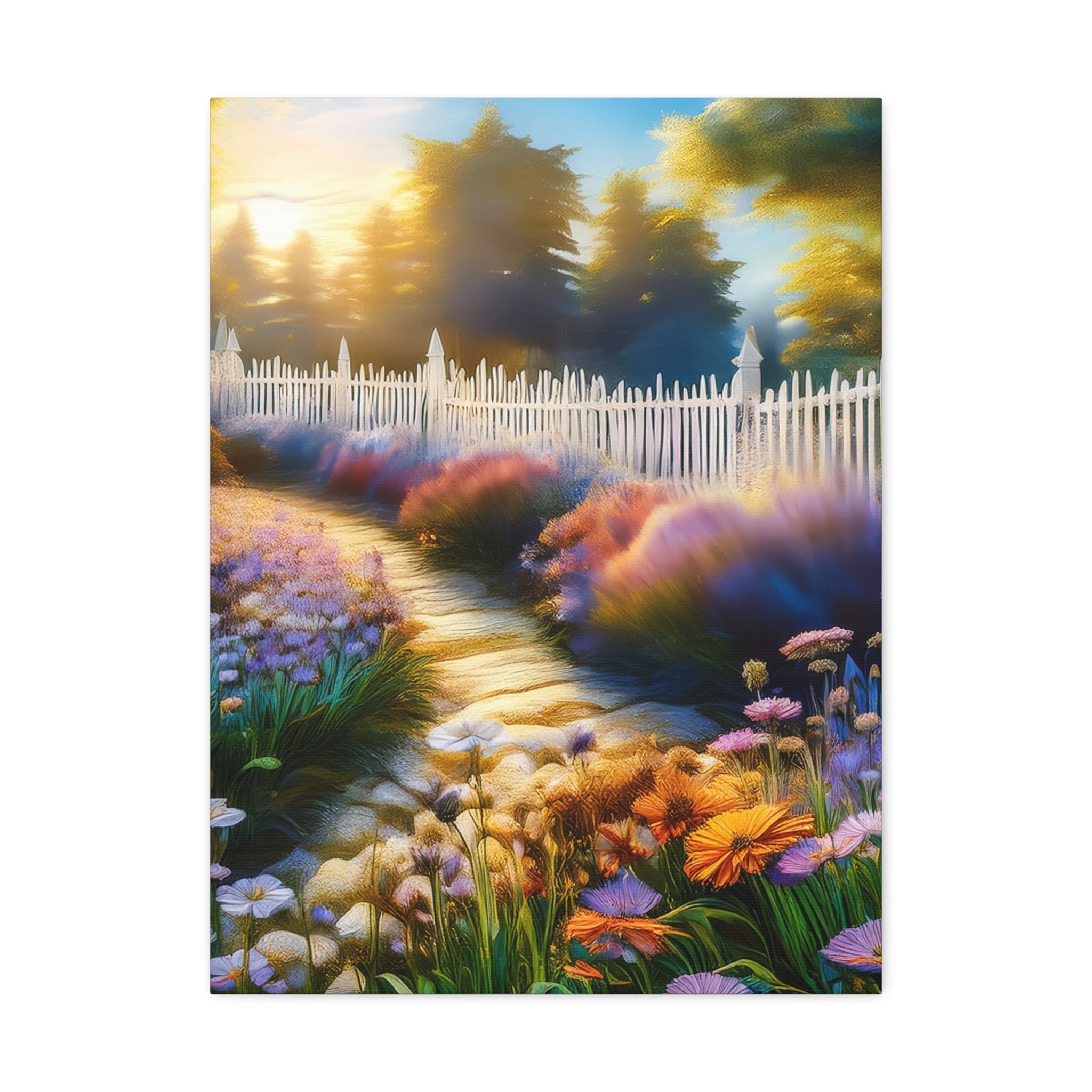 Sunlit Garden Path Stretched Canvas – Colorful Floral Landscape Wall Art