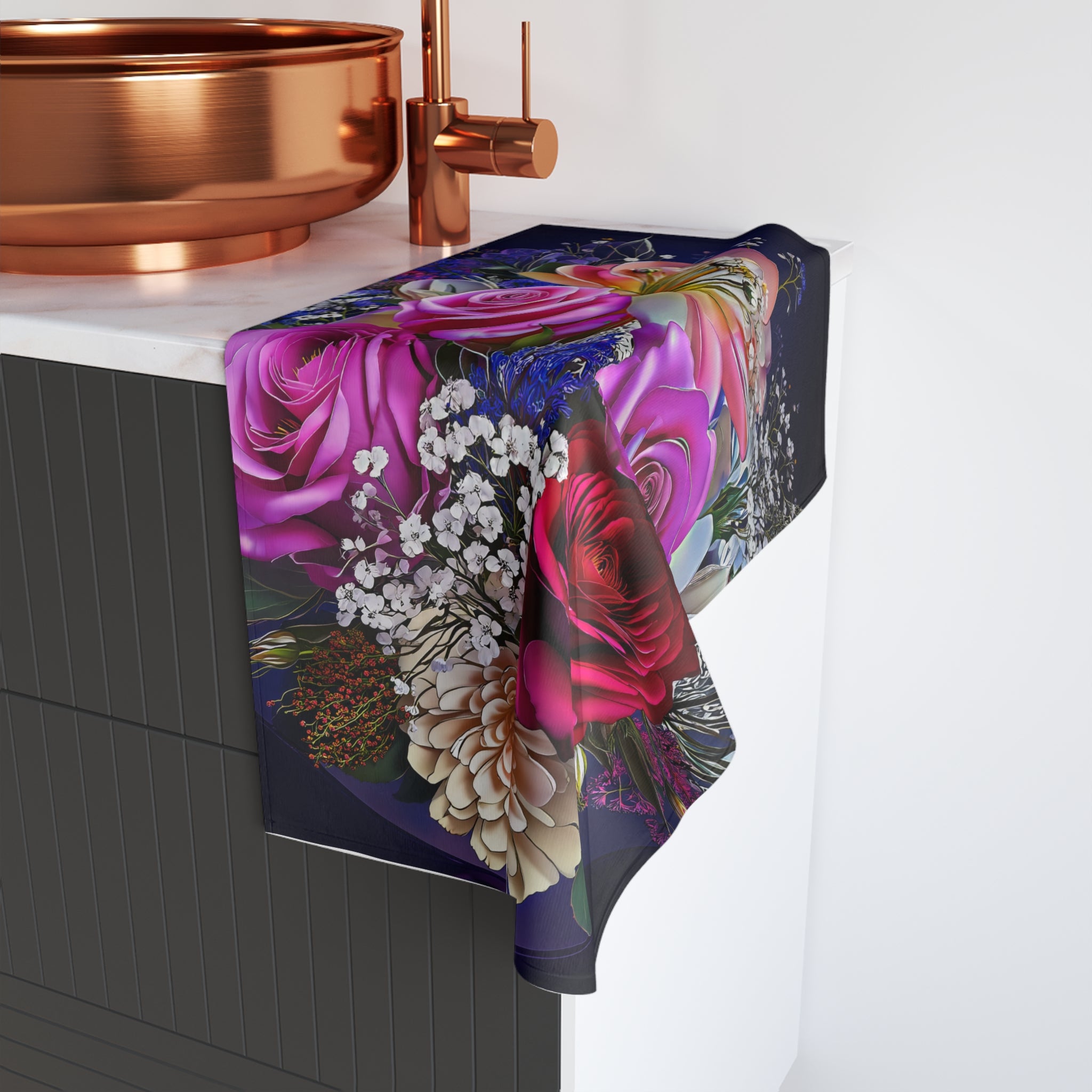Floral Bouquet Hand Towel - Vibrant Roses & Lilies