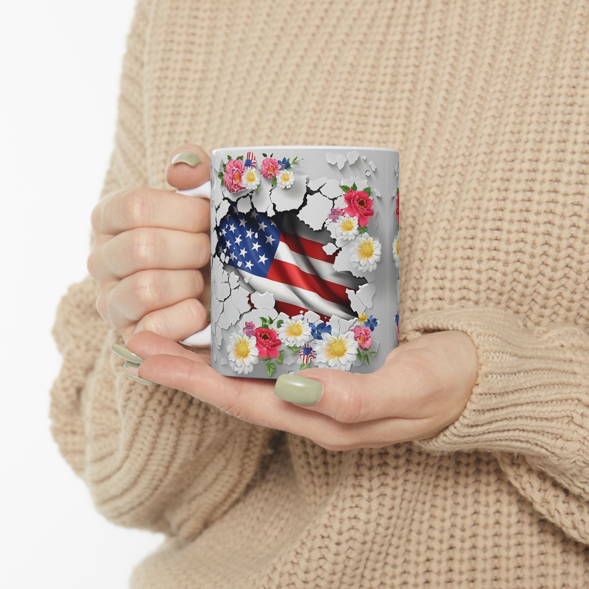 Floral American Flag Ceramic Mug - Patriotic Design
