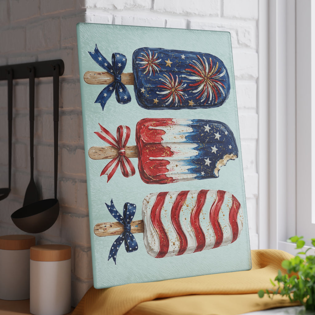 Patriotic Popsicle Glass Cutting Board for Kitchen Prep