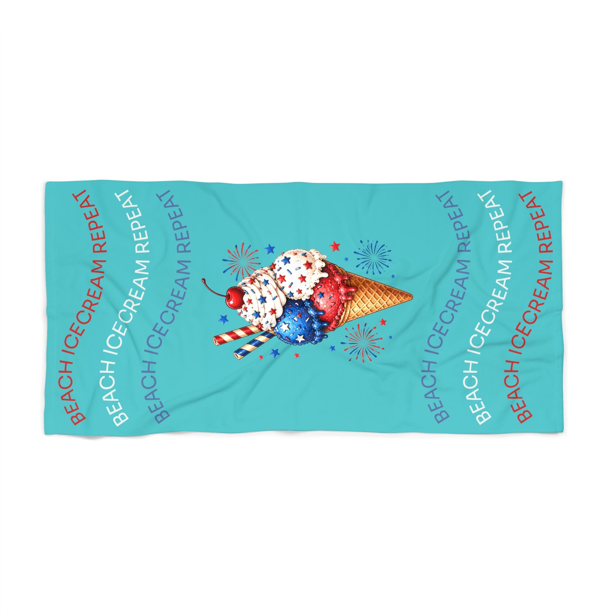 Patriotic Ice Cream Beach Towel — 'Beach Icecream Repeat' Summer Pool & Fourth of July Towel