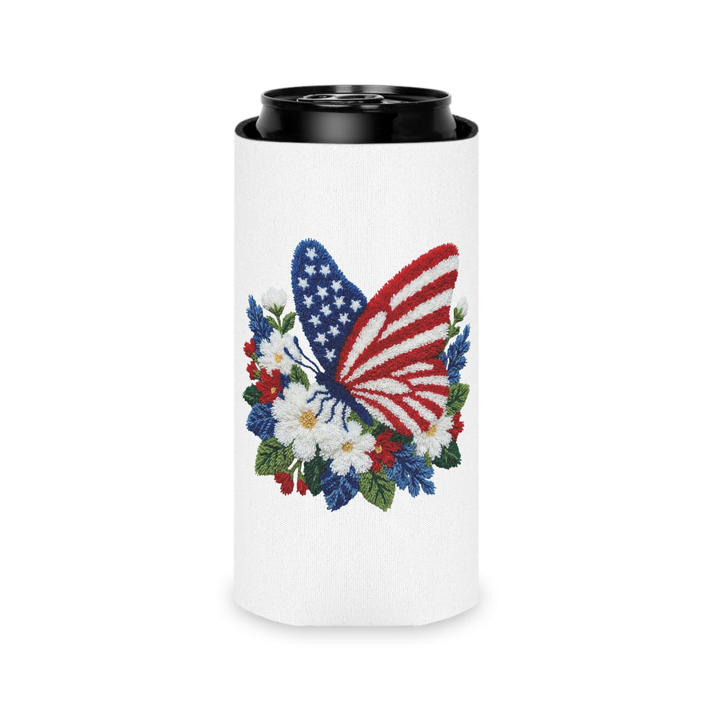 Patriotic Floral Butterfly Can Cooler for Fourth of July