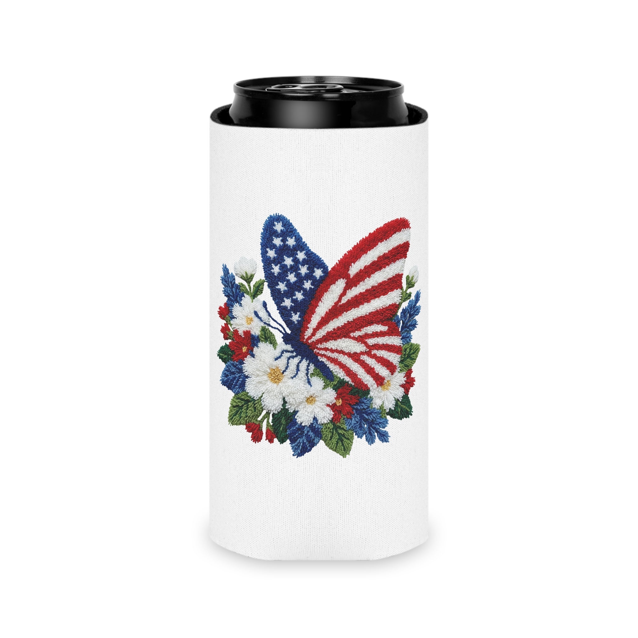 Patriotic Floral Butterfly Can Cooler for Fourth of July