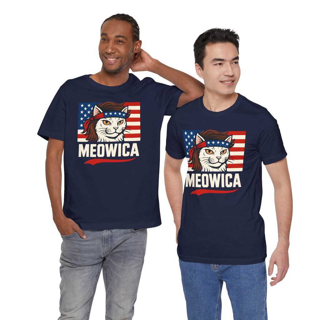 T-Shirt — "Meowica" Patriotic Cat Tee (American Flag, Funny 4th of July Shirt)