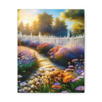 Sunlit Garden Path Stretched Canvas – Colorful Floral Landscape Wall Art