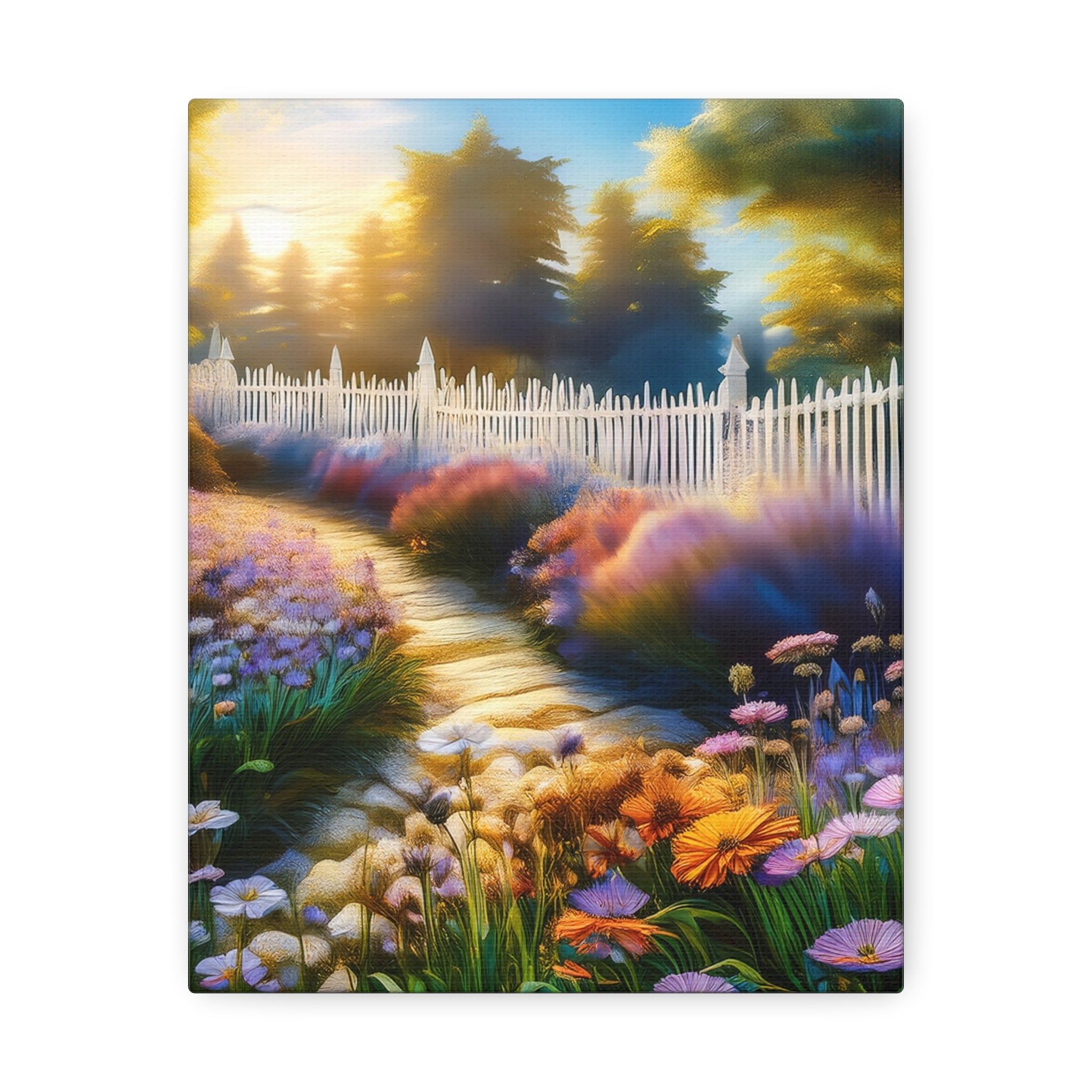 Sunlit Garden Path Stretched Canvas – Colorful Floral Landscape Wall Art